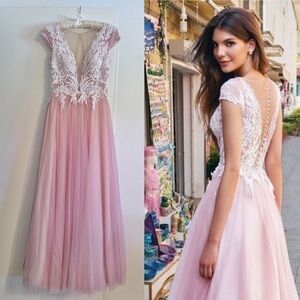 Wedding/prom/evening/gala dress gown lace white pink puff skirt A-line cap sleev